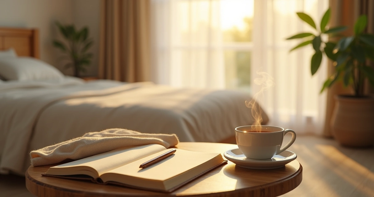 Journal and tea by a sunlit window