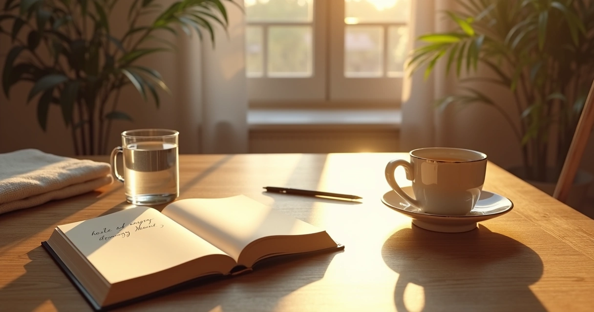 Journal, tea, and soft morning light by a window 