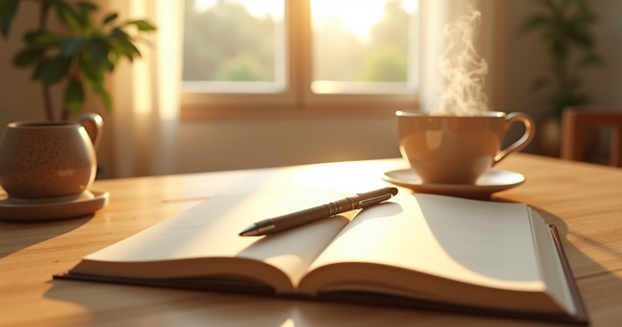 Open journal and tea by a window at sunrise 