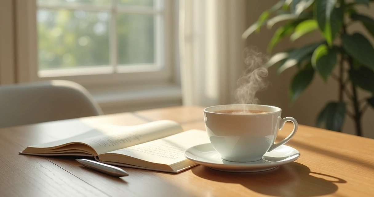 Open journal and tea by a sunlit window 