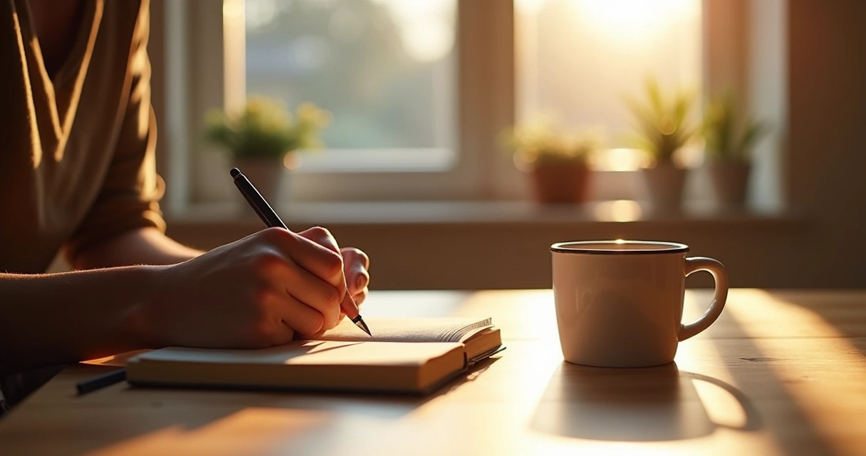 Person writing in journal with morning sunlight on desk. 
