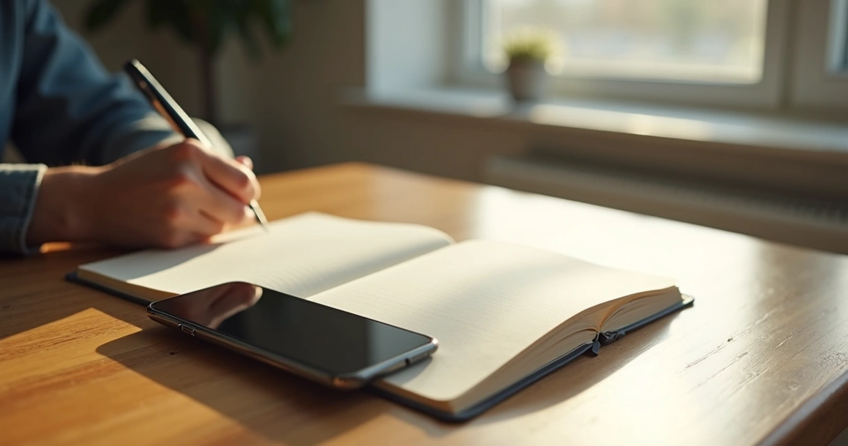 Open journal and phone placed face down near a bright window