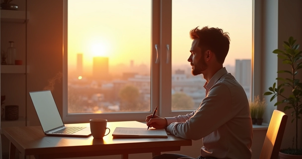 Leader at sunrise planning a mindful and focused morning routine 