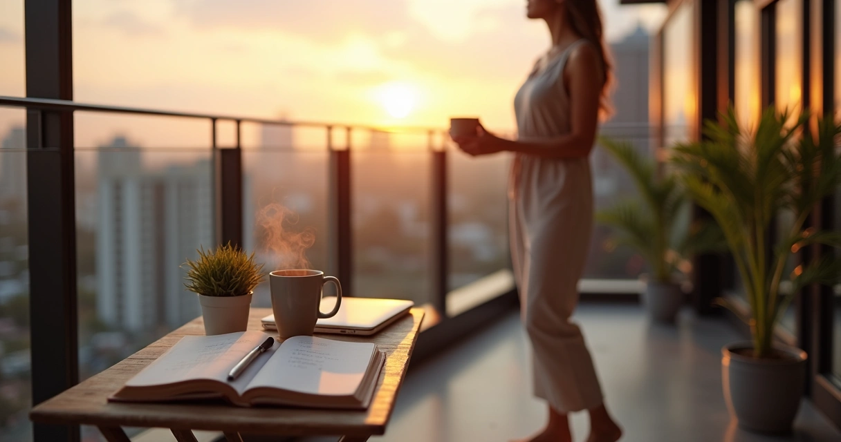 Leader on balcony at sunrise with journal tea and city skyline 