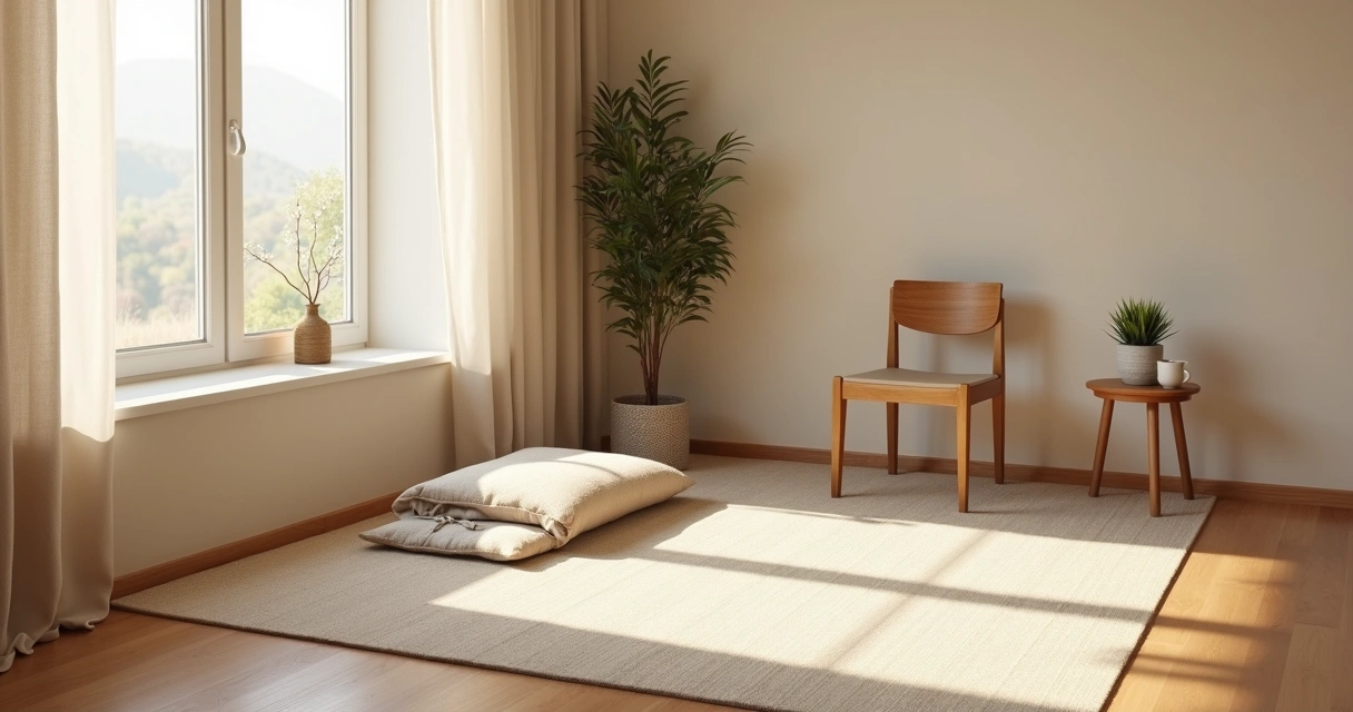 Sunlit chair and cushion for morning meditation