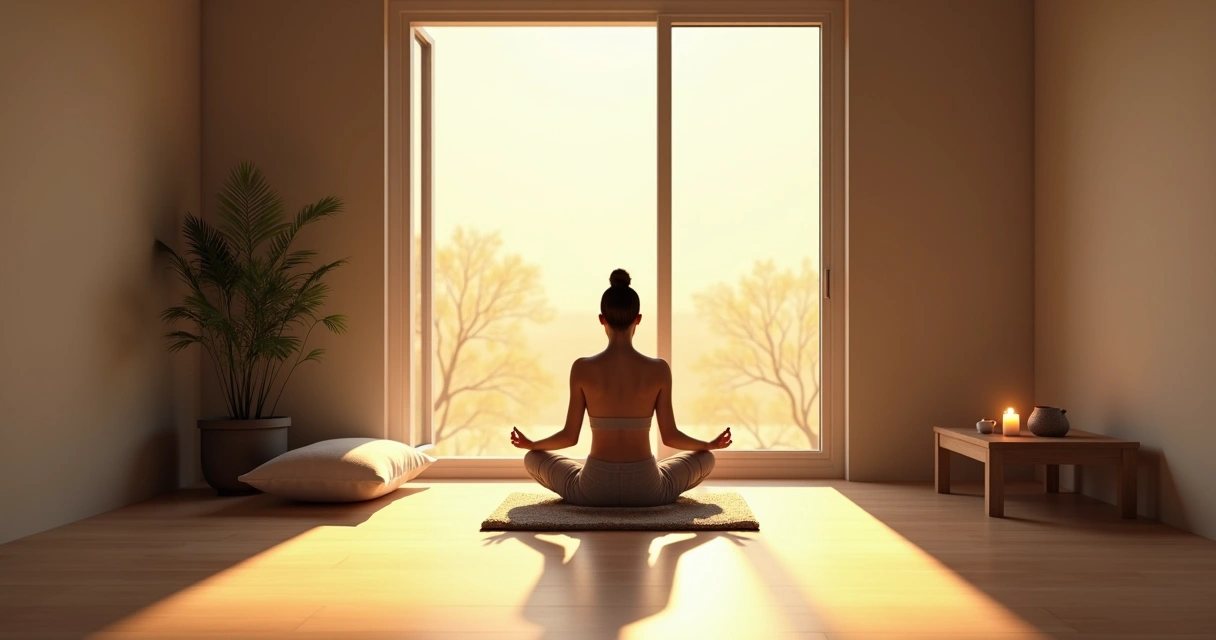 Person meditating on a cushion by a window with sunlight streaming in