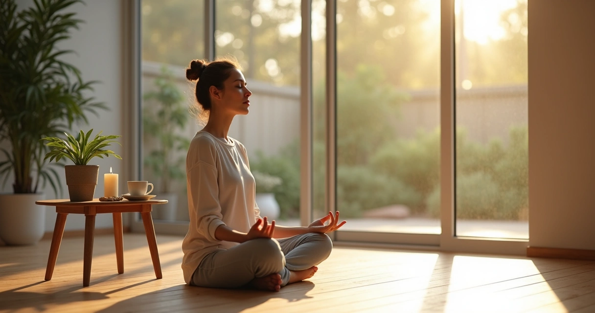 Person sitting cross-legged on a wooden floor meditating near large window with soft morning sunlight 