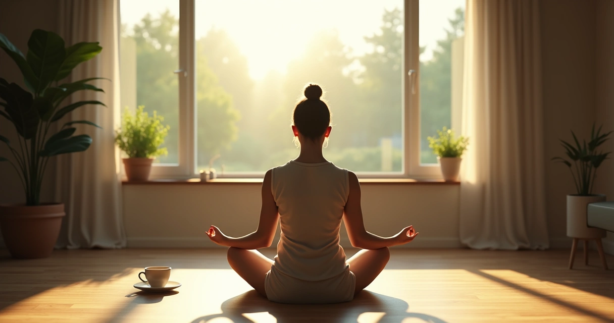 Person meditating by a window with gentle morning light