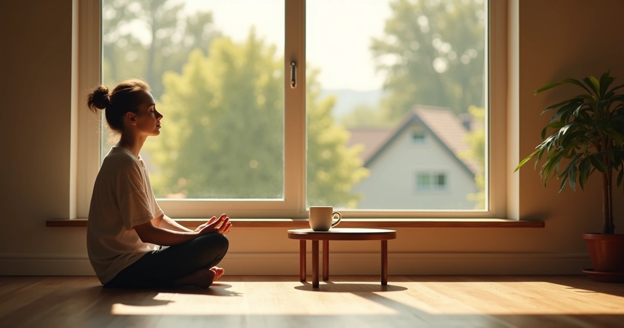Person sitting by a window practicing meditation in the morning light 