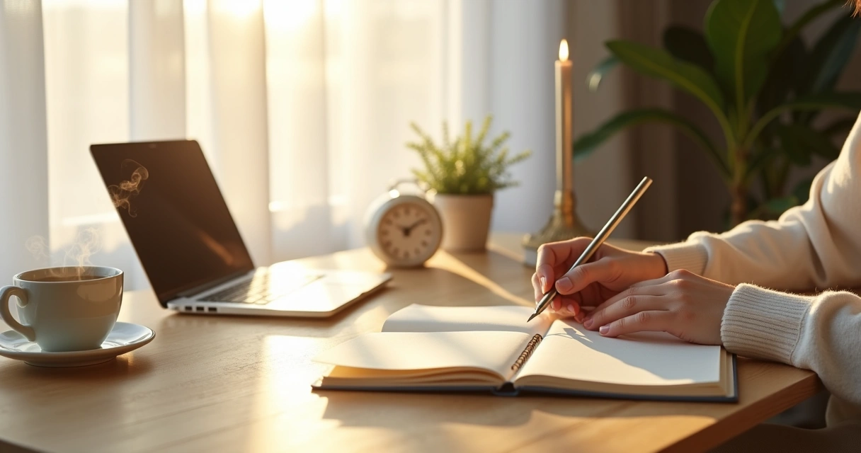 Person journaling at a tidy morning desk with tea and soft sunlight 