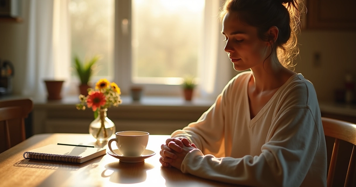 Person sitting at a kitchen table with a cup of tea, sunlight streaming in, surrounded by simple objects, taking a mindful breath before starting their day. 