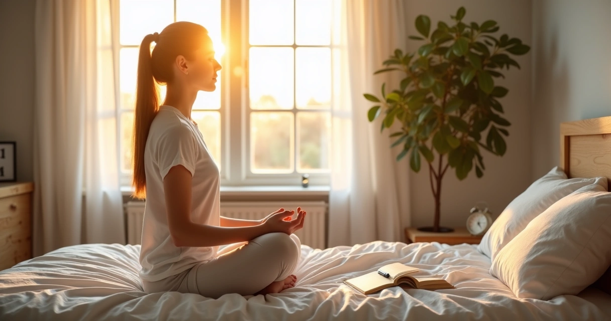 Person sitting on bed at sunrise practicing a calm morning routine 