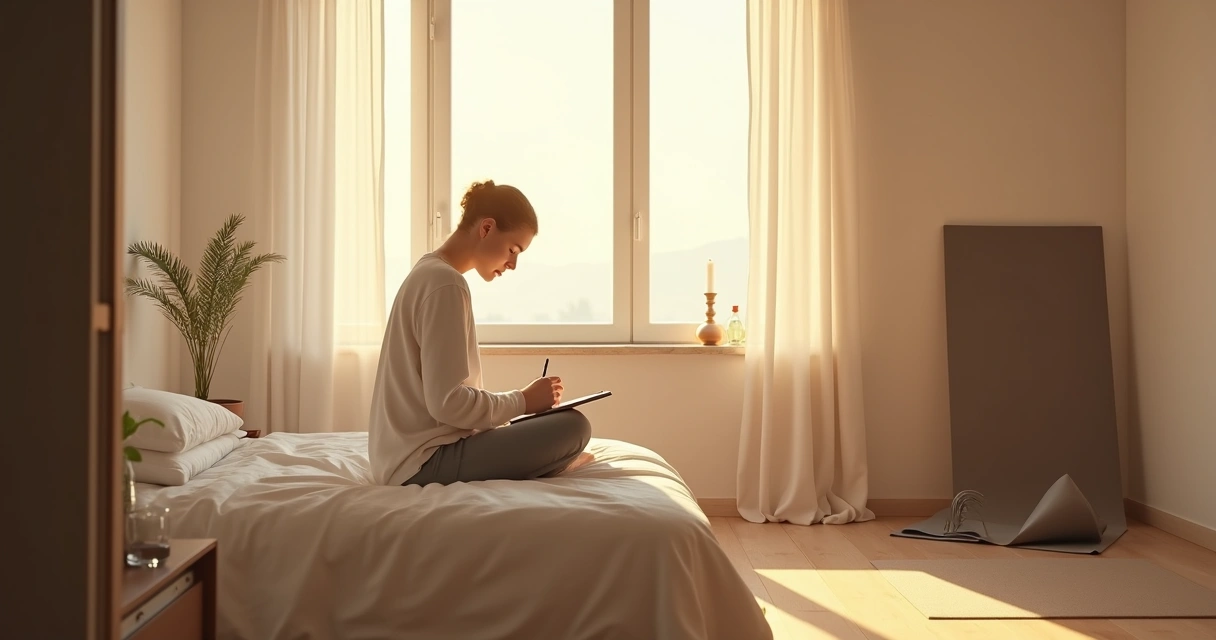 Person sitting on bed at sunrise journaling with calm bedroom atmosphere 