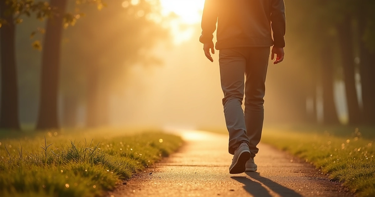 Person walking slowly on a quiet morning path