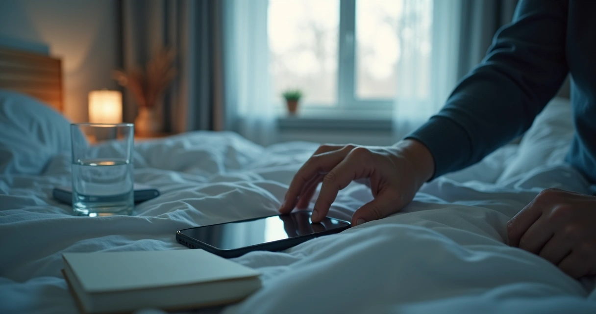 Hand reaching for phone beside an unmade bed