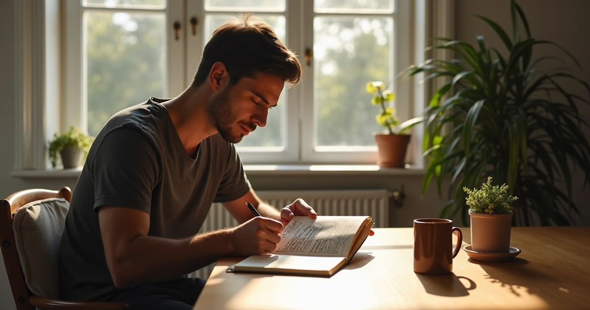 Man journaling purpose-focused morning routine at wooden table