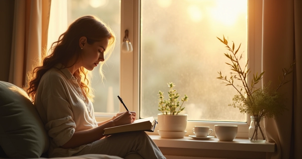 Woman sitting by window journaling with morning sunlight 