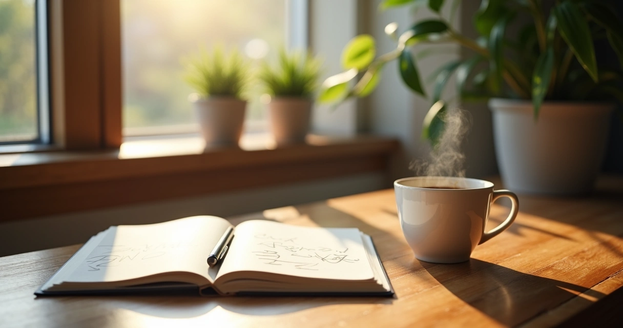 Open notebook with pen, cup of coffee on a wooden desk by a sunlit window