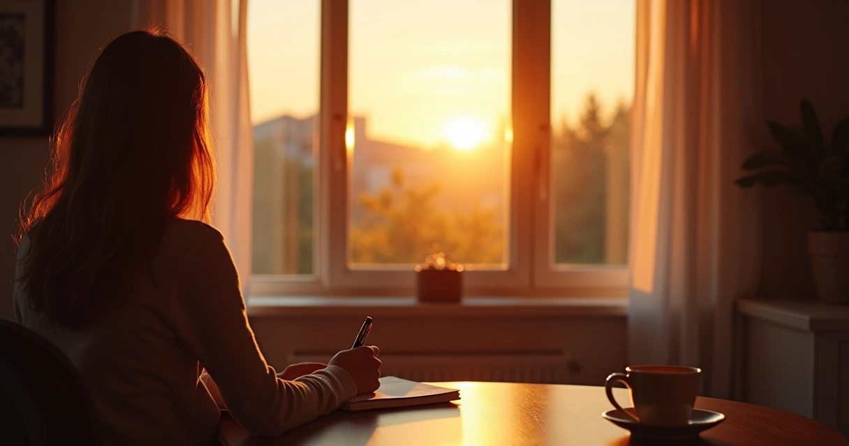 Person at sunrise sitting quietly by a window 