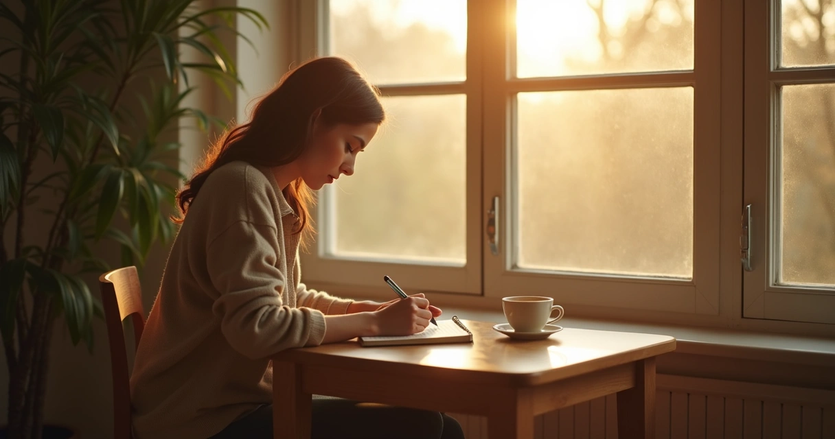 Person journaling by a window in soft morning light