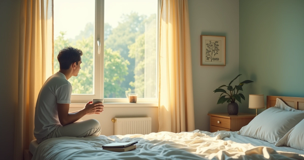 Person glancing out a sunlit window in a peaceful room. 