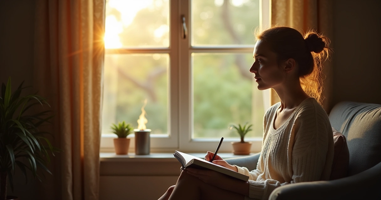 Person sitting quietly by a window in the morning light, reflecting
