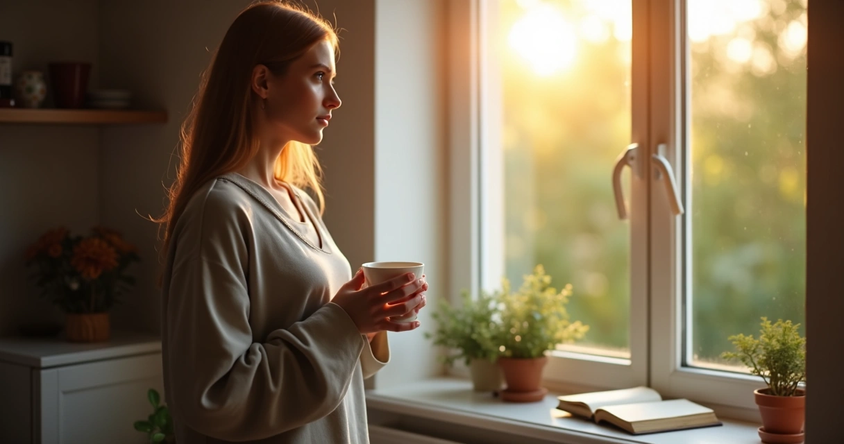 Person looking out a window in the morning light, hands around a warm mug 
