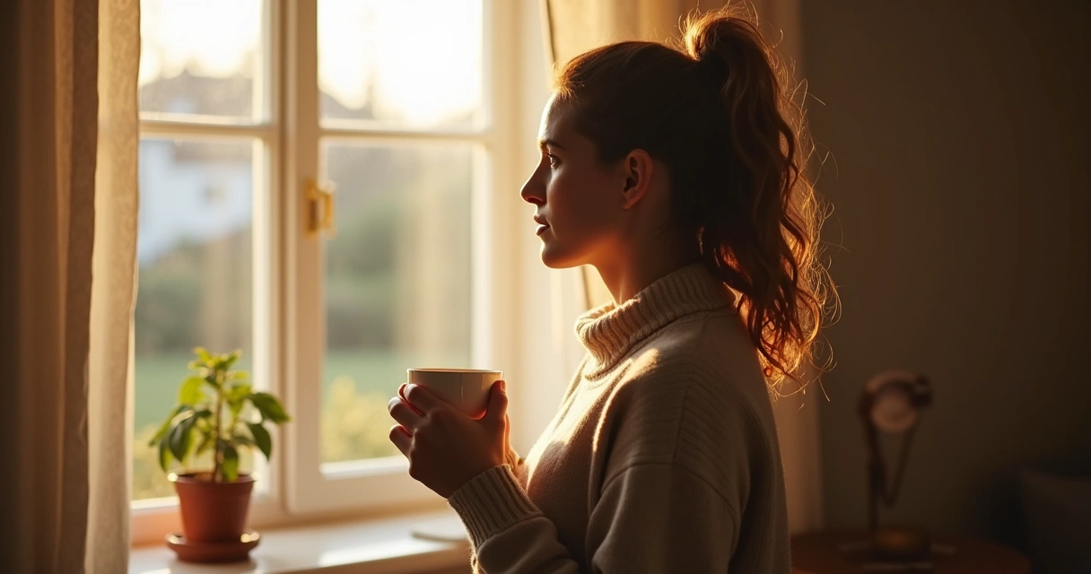 Person standing at a window, reflecting quietly in the morning light 