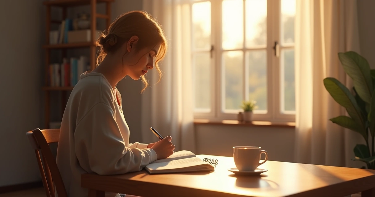 Person journaling with coffee during morning sun 