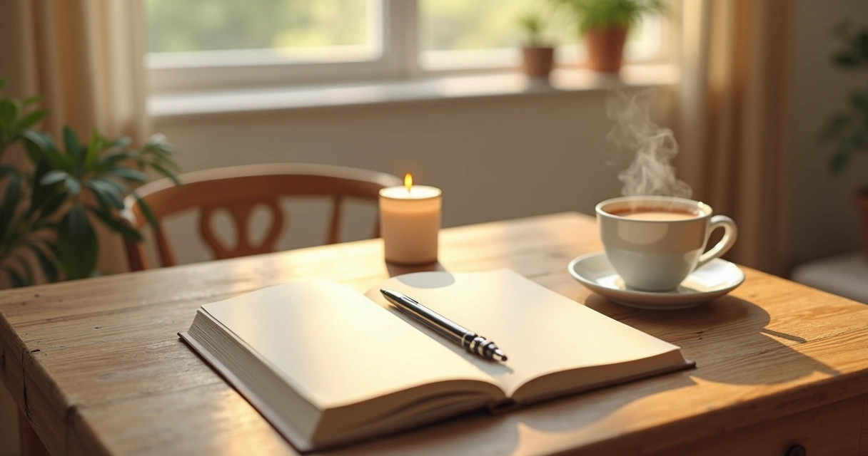 Notebook, tea, and candle on a calm morning desk 