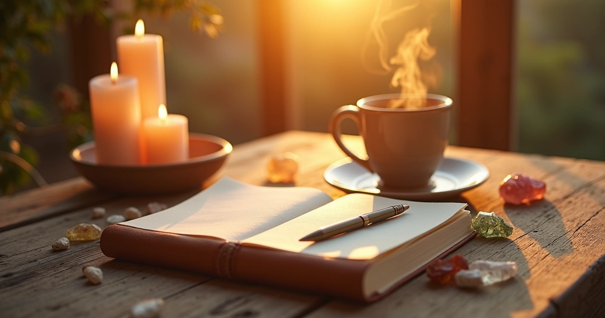 Objects for morning rituals on a table: candles, a journal, and crystals 
