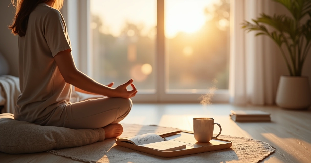 Person meditating by a window during sunrise with journal and tea nearby 