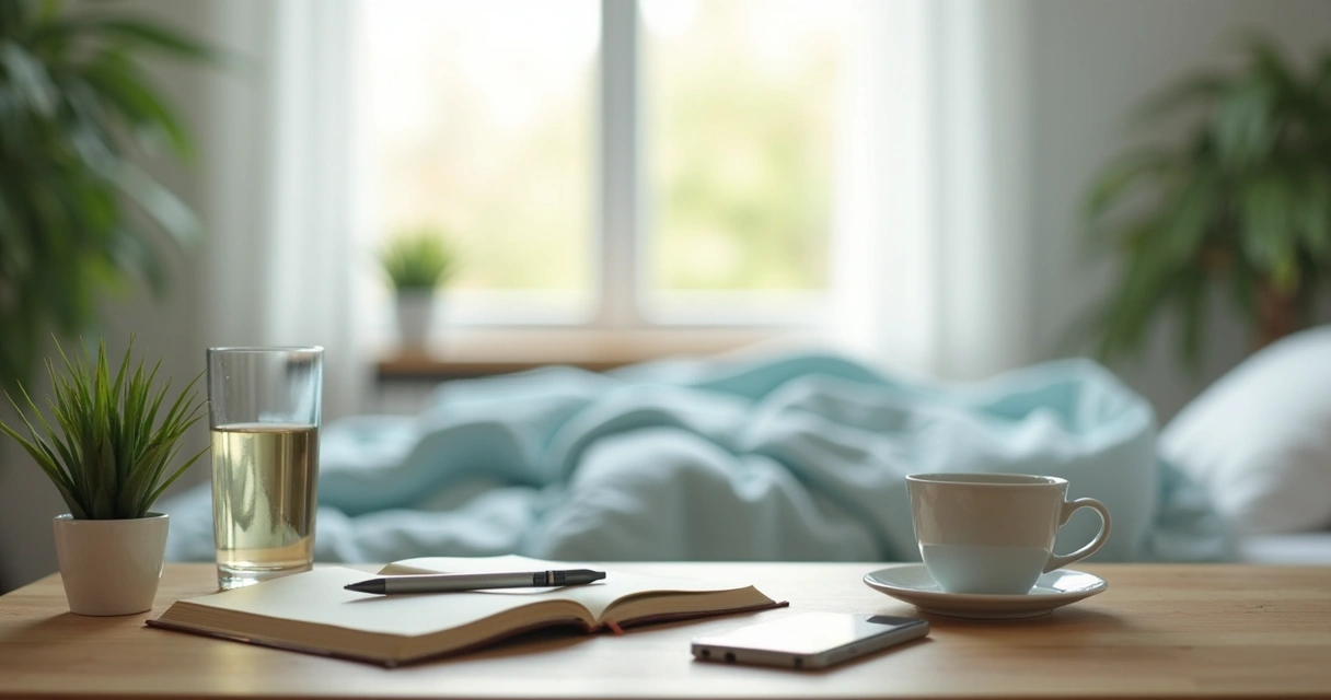 Morning routine items arranged neatly on a calm desk 