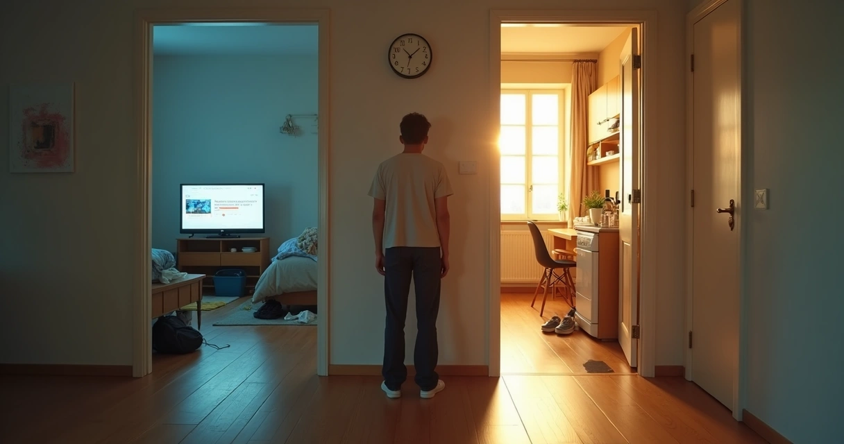 Person standing in hallway with contrasting morning routines on each side 