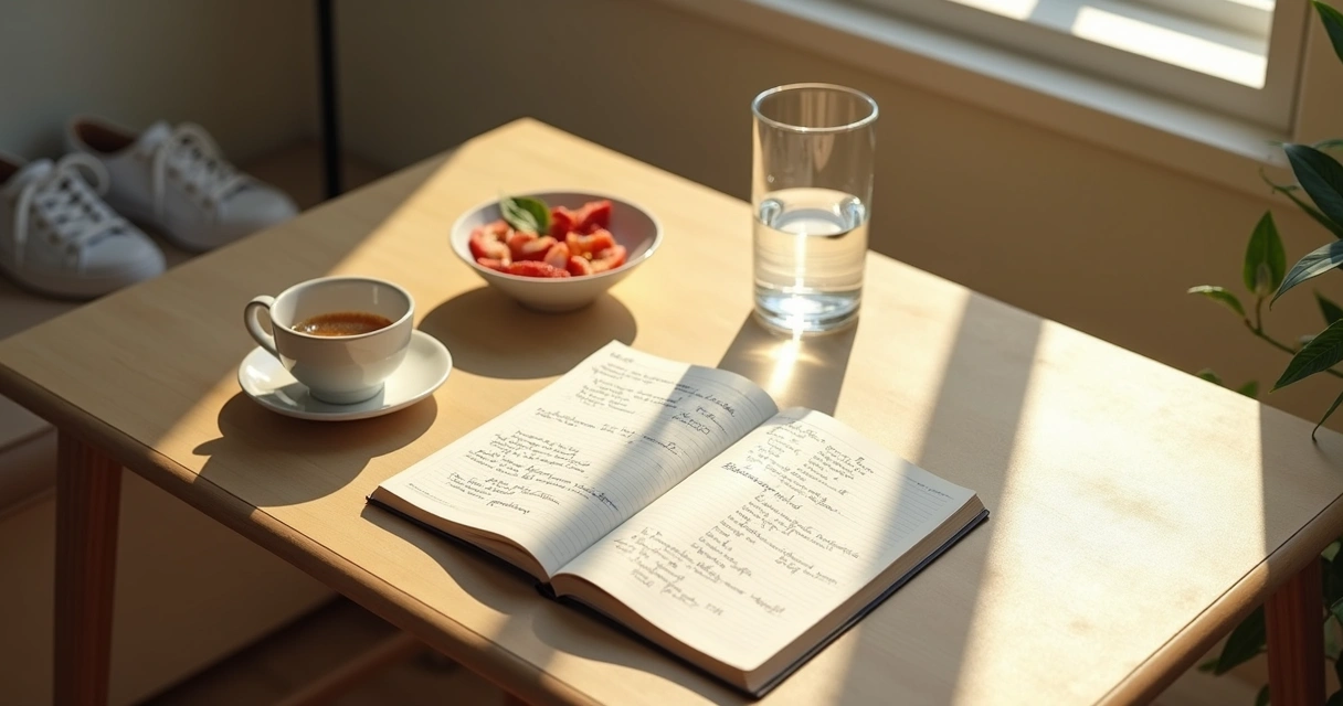 Morning desk with journal and sunlight