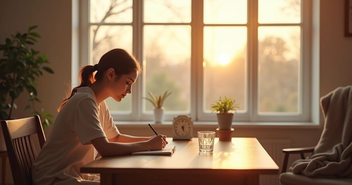 Person journaling near a window at sunrise