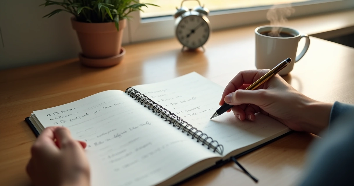 Person journaling about daily routine with coffee and clock on a wooden desk 