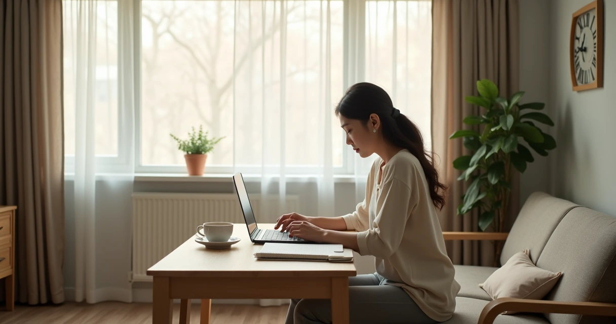 Person sitting at a desk by a window during a quiet morning routine