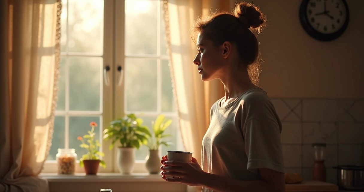Person pausing with coffee by window during morning routine 