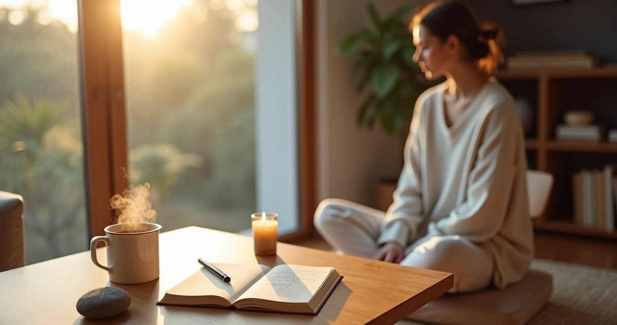 Person sitting at sunrise table with journal, candle, and tea in calm home setting 