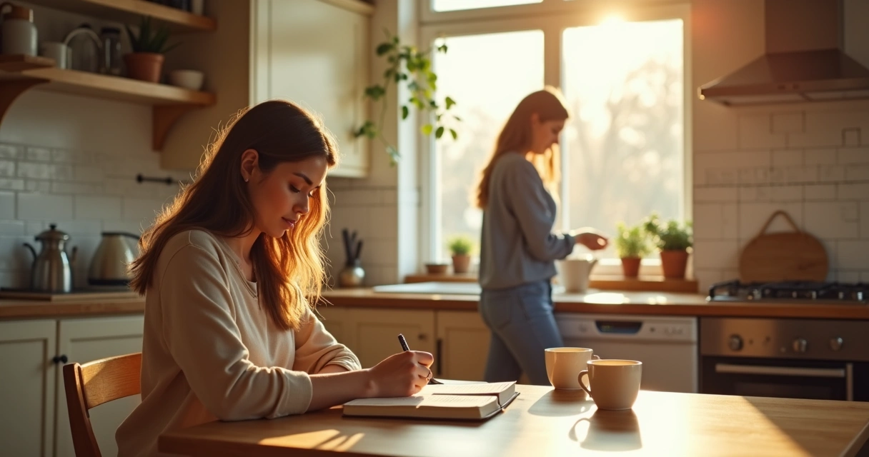 Person journaling at kitchen table while partner prepares tea in soft morning light 