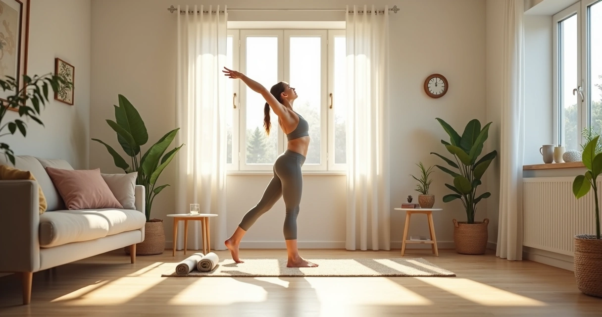 Person stretching in a bright living room