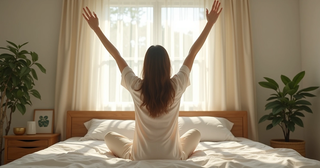 Woman stretching in sunlit bedroom 