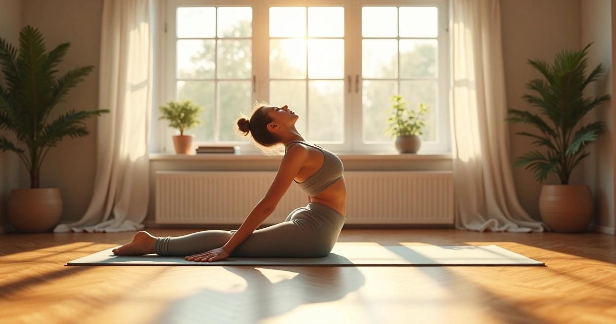 Person stretching on a yoga mat in a sunlit room 