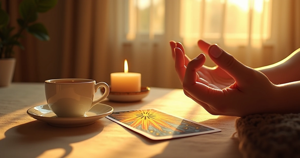 Morning sunlight with meditation and tarot card 