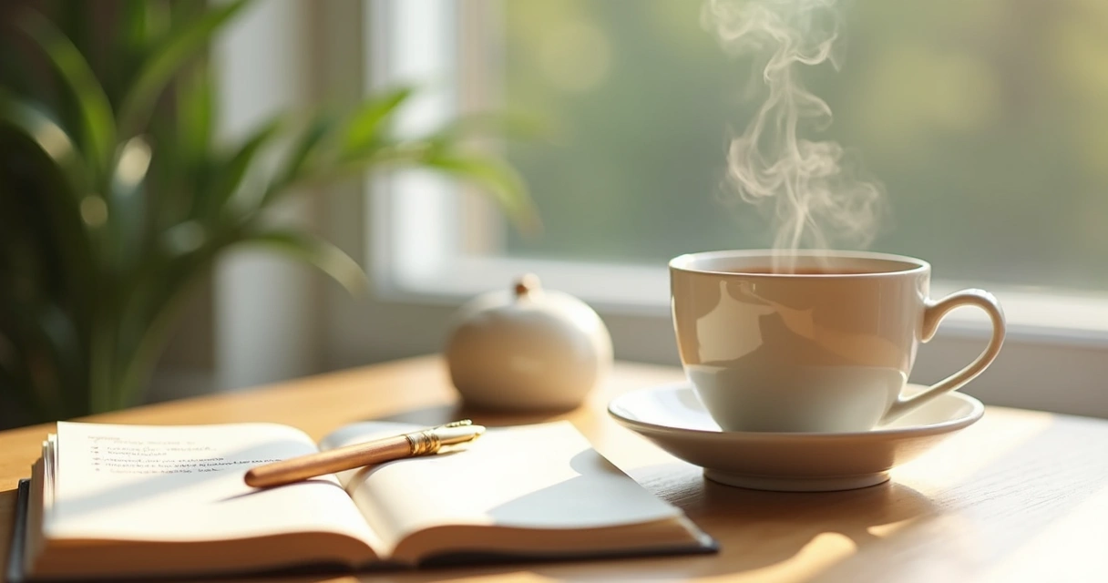 Morning tea beside an open journal on a wooden table