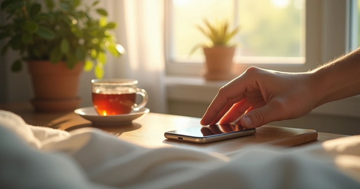 Hand pausing before touching phone on bedside table during morning 
