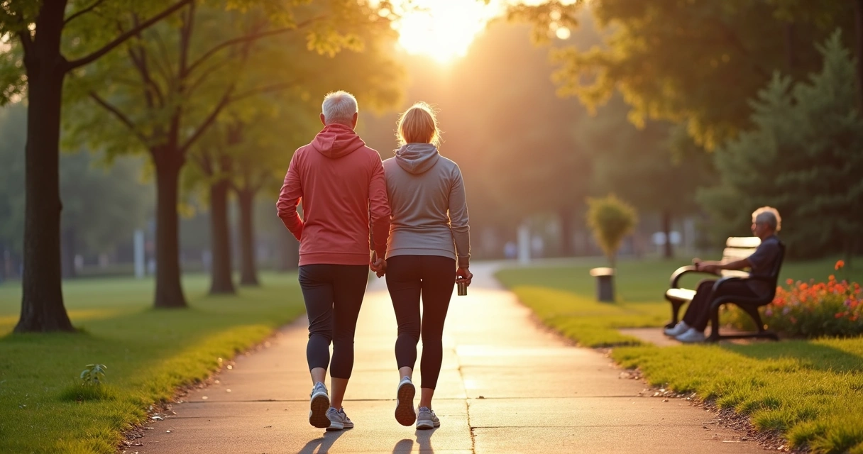 Middle-aged couple walking in the park checking glucose on smartwatch 