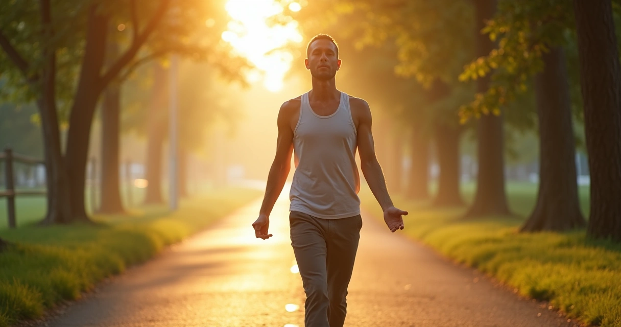 Person walking outdoors in morning sunlight with calm breathing 