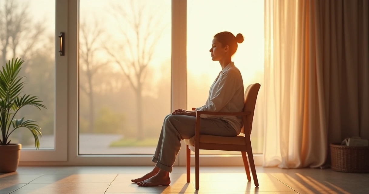 Person seated by a bright window practicing calm nasal breathing